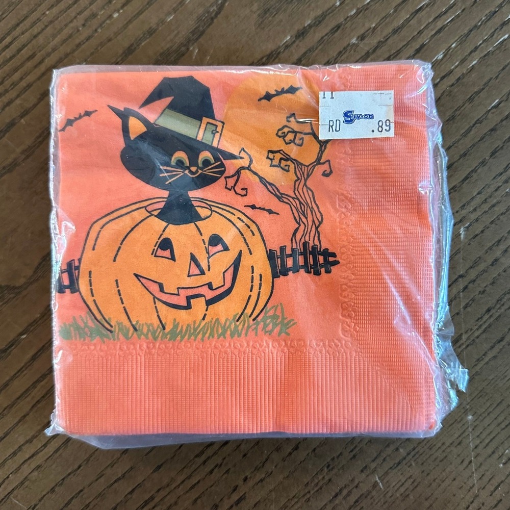 Vintage CA Reed Halloween Cocktail Napkins Black Cat Pumpkin 20 Count 3-Ply NOS